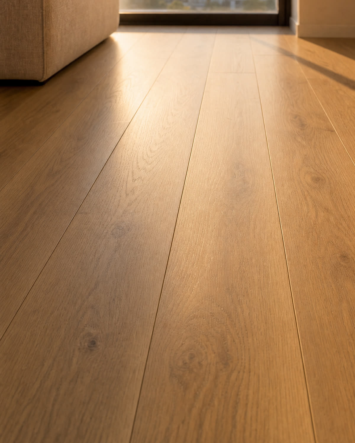 Wide-plank oak floor, golden raking light