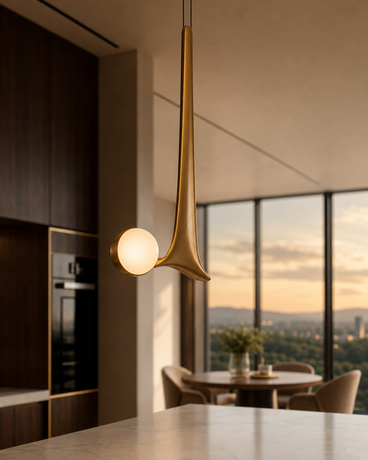 Sculptural pendant over the kitchen island