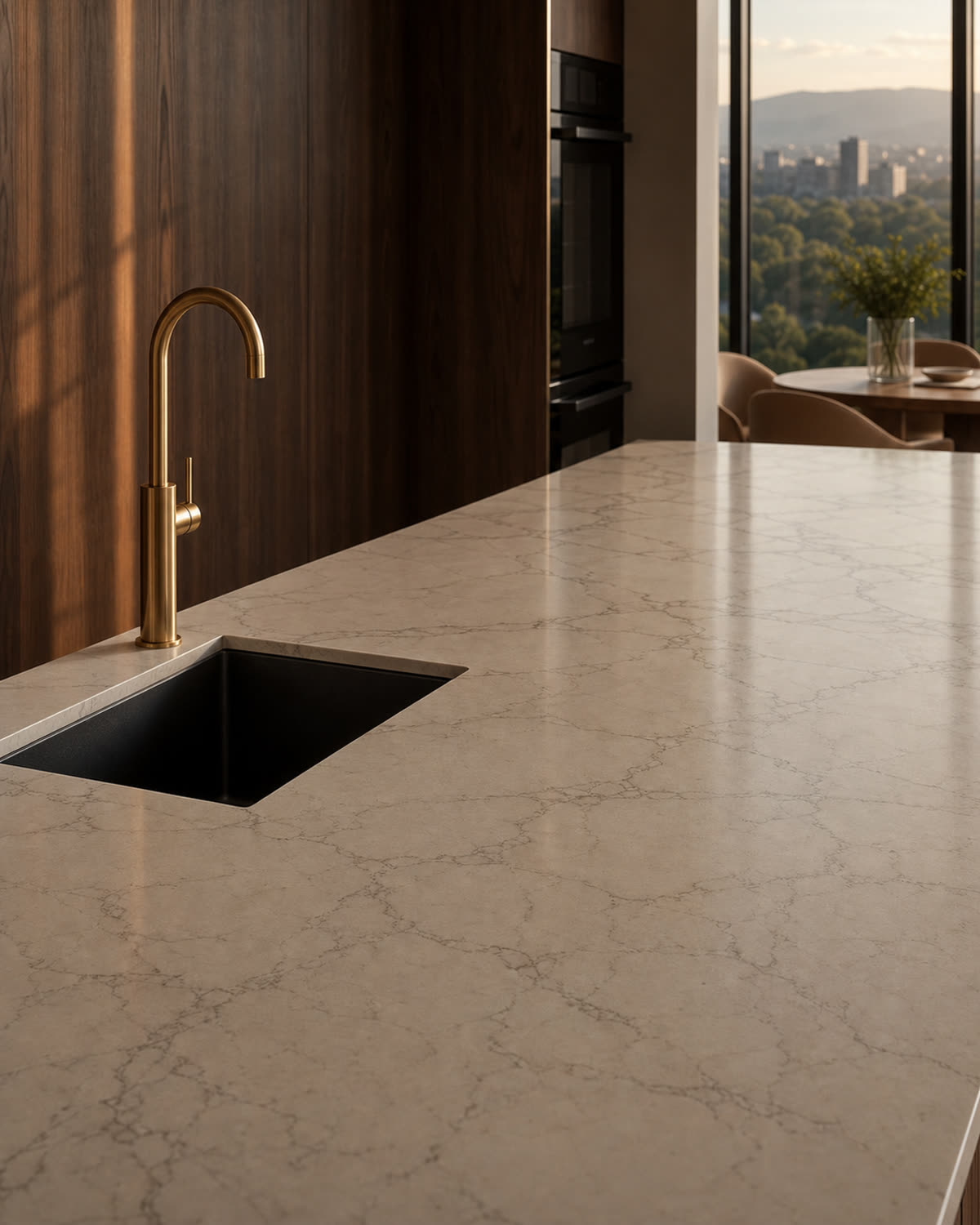 Kitchen counter: veined marble with brushed-brass tap