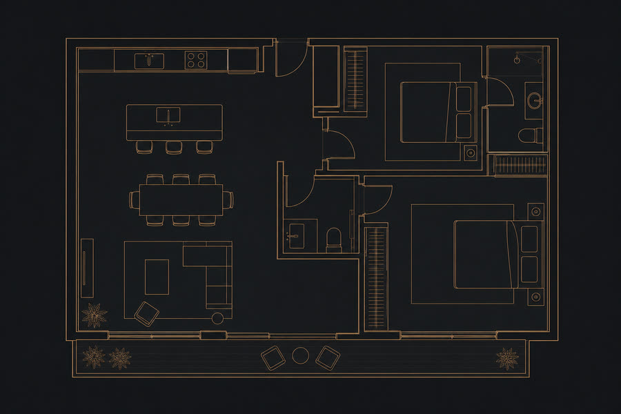 2BR floor plan, 124 square metres: an open-plan living and kitchen area with two bedrooms and an ensuite bathroom.