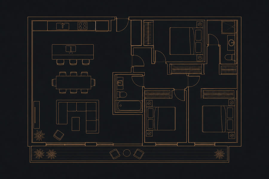 3BR floor plan, 168 square metres: an open-plan living and kitchen area with three bedrooms.