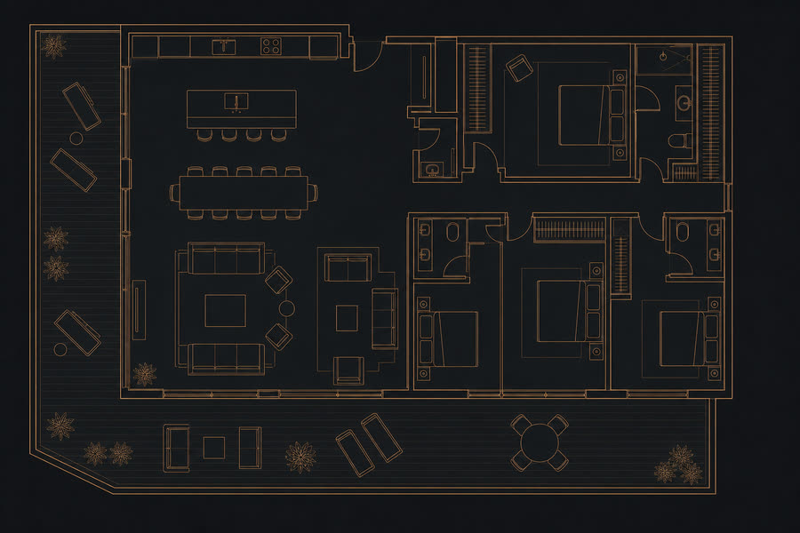 Penthouse floor plan, 320 square metres: an open-plan living and dining area, three bedrooms, and a wraparound terrace.